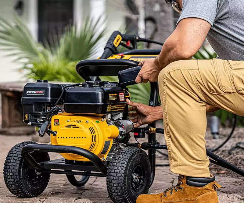Gas-powered pressure washer set up